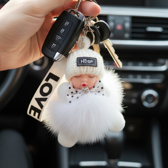 Cute Baby Sleeping Keychain with LOVE tag, Plush rabbit fur, Bag Charm - Picture 6 of 7